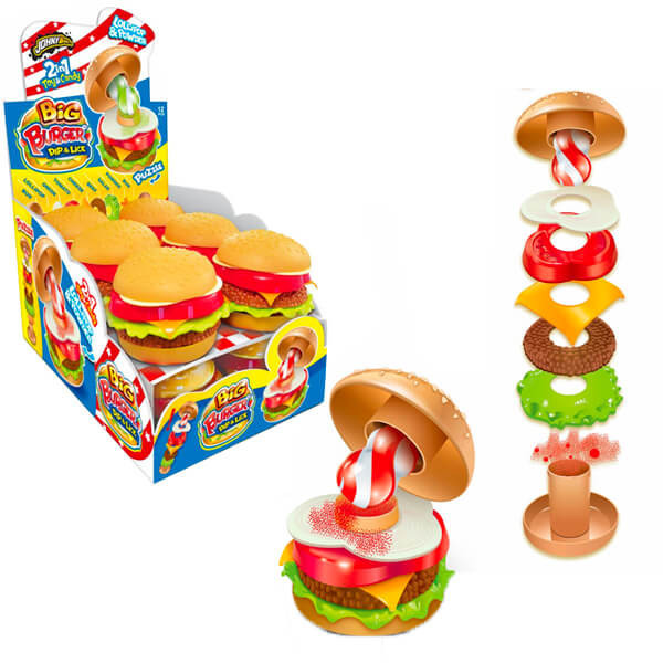 Леденец + пудра с игрушкой ПАЗЛОМ В ВИДЕ БУРГЕРА Johny bee Big Burger Dip & Lick 26 гр. (12 шт- уп