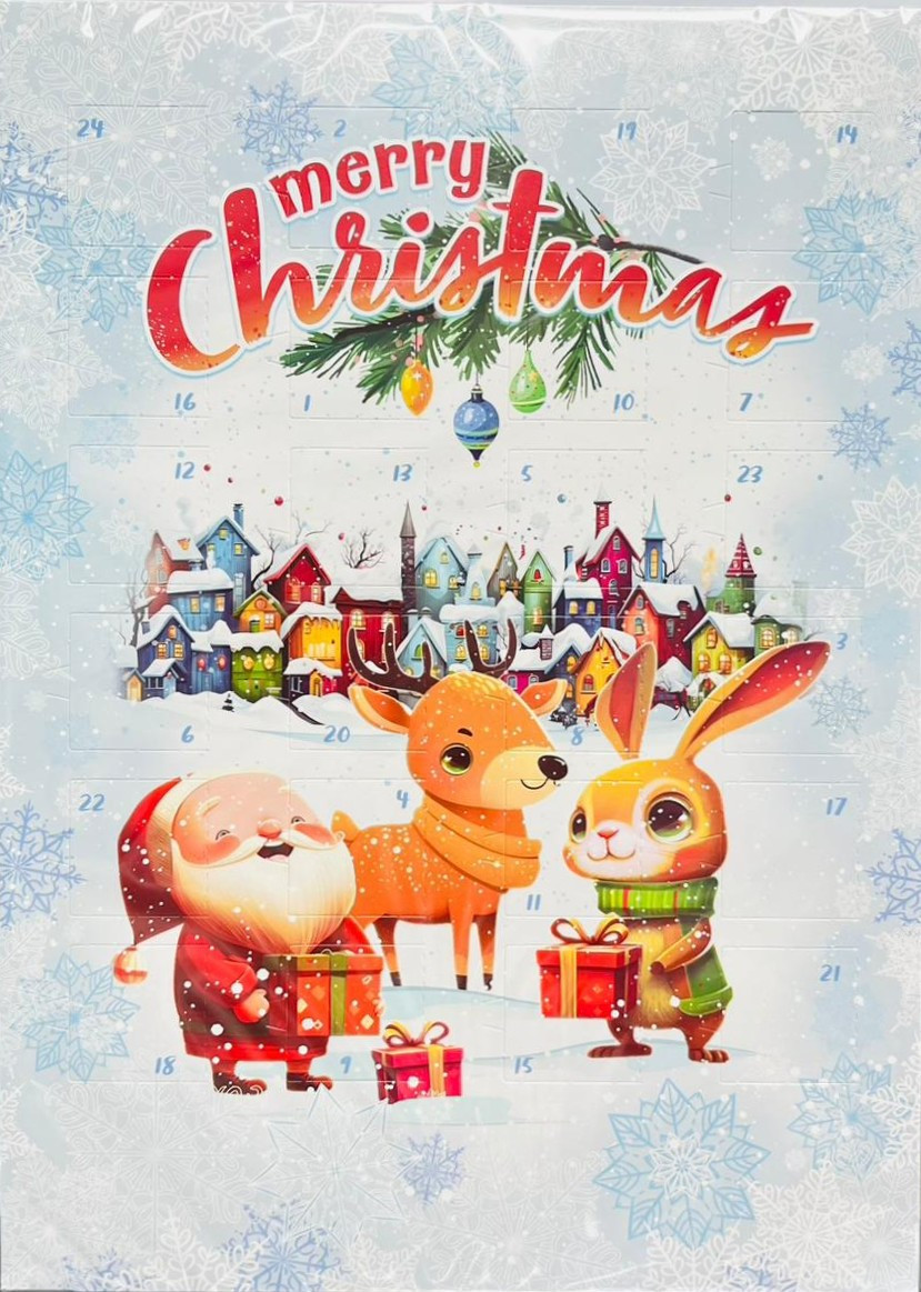 Рождественский календарь с шоколадом Merry Christmas  50 гр (санта, олень, зайчик)