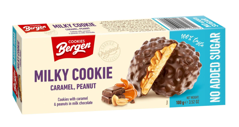 Печенье Bergen Milky Cookie Carame & Peanut БЕЗ САХАРА 100 гр / Польша (36 шт в упак)