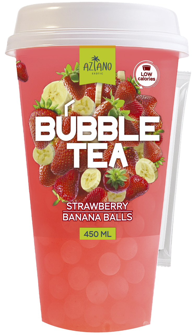 Напиток Aziano Bubble Tea со вкусом Клубники и шариками со вкусом Банана 450 мл (12 шт в упак)