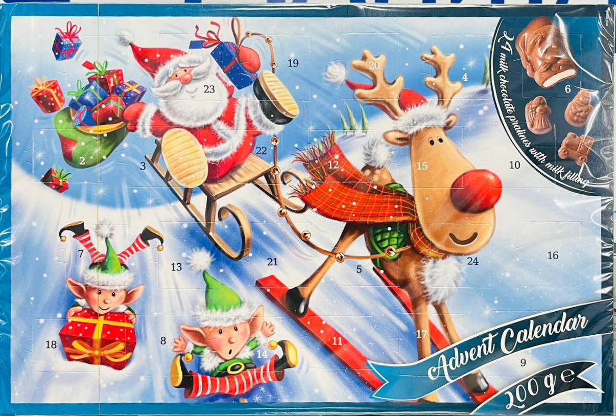 Рождественский календарь с шоколадом Merry Christmas  200 гр (санта,олень и гномы)