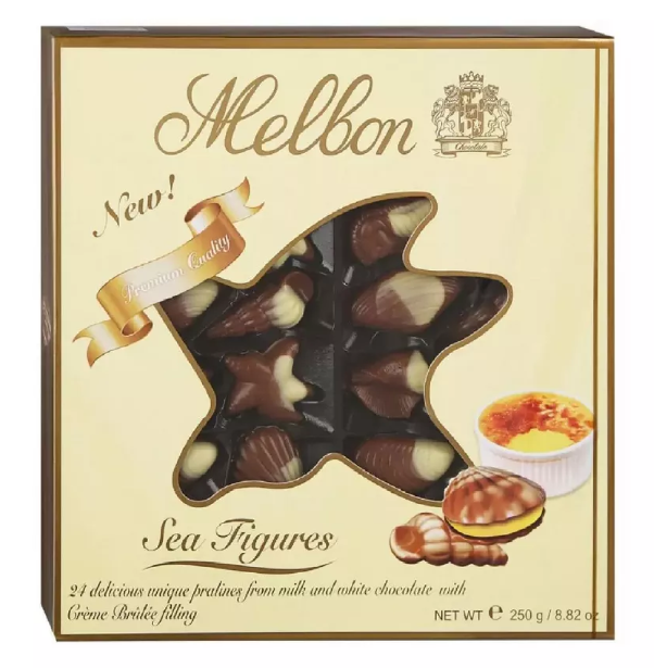 Шоколадные ракушки Pralines from milk & white chocolate with Creme Brulle Melbon 250 гр / Болгария