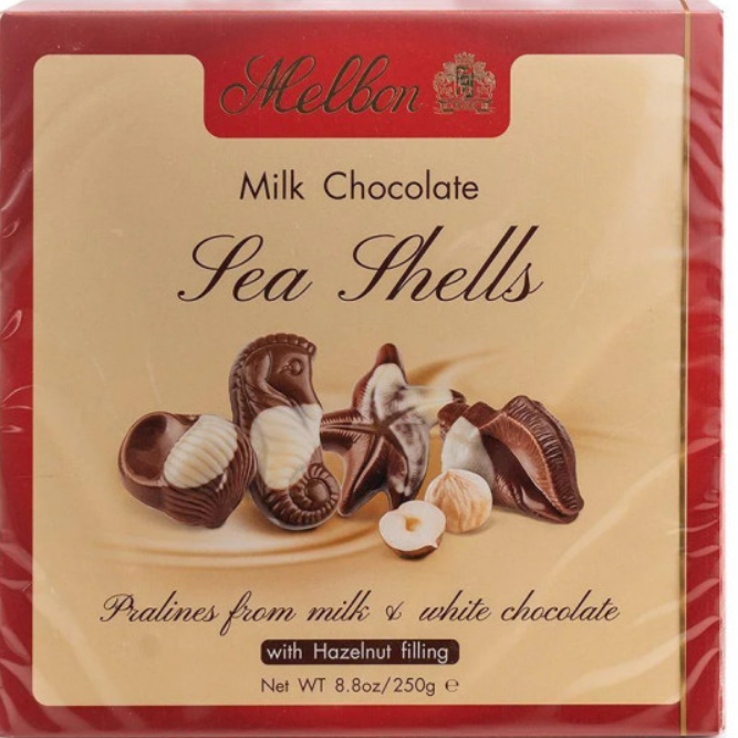 Шоколадные ракушки Pralines from milk & white chocolate with Hazelnut filling Melbon 250 гр/Болгария