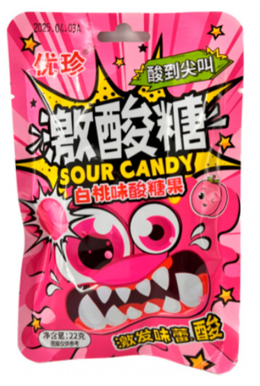 Кислые леденцы Ujane sour candies peach flavor со вкусом персика 22 г (20 шт в упак)