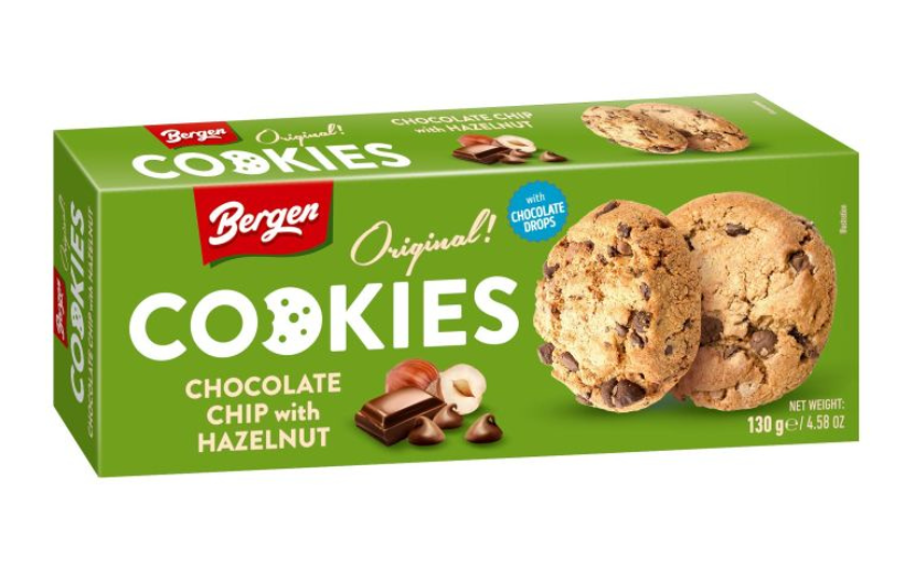 Печенье Bergen Cookies Chocolate Chip with Hazelnut 130 гр / Польша (27 шт в упак)