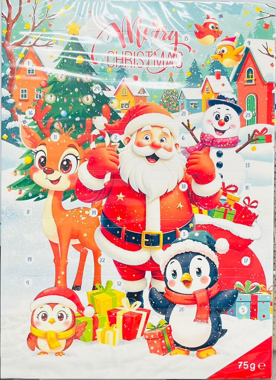 Рождественский календарь с шоколадом Merry Christmas  75 гр (санта, пингвин, снеговик)