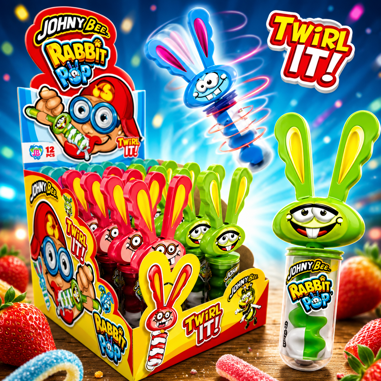 JOHNY BEE Rabbit Pop леденец, с вращающимся механизмом в виде заяца. 23гр,(16 шт в упаковке)