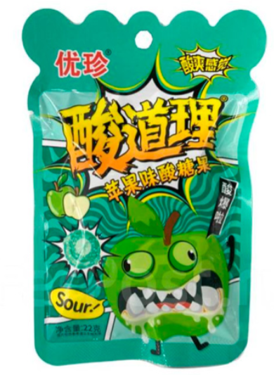 Кислые леденцы Ujane sour candies apple flavor со вкусом яблока 22 г (20 шт в упак)
