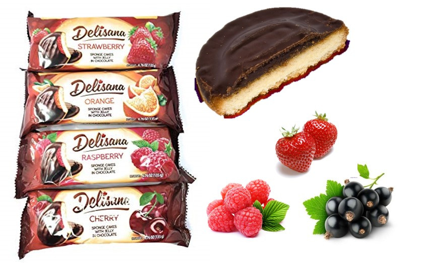 Delisana Jafa Cakes бисквит в шоколаде 135гр (Клубника/ Малина/ Апельсин/ Черная смородина - разные