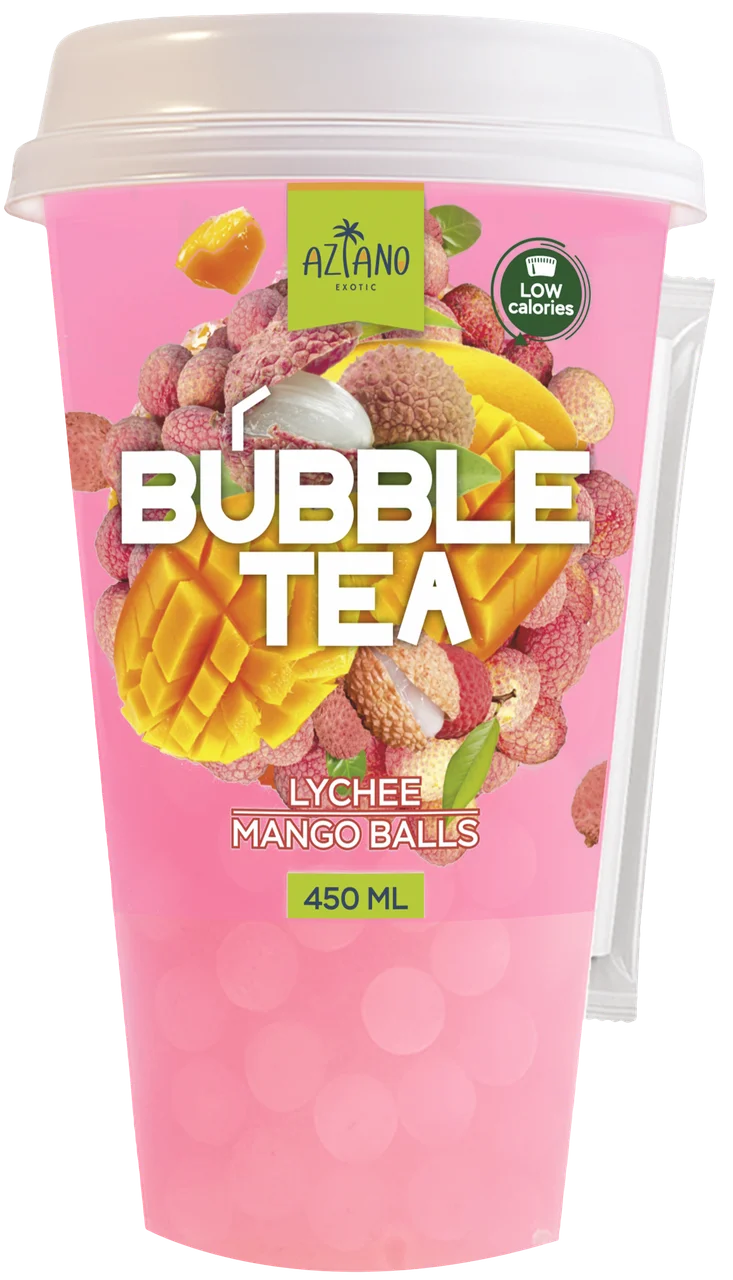 Напиток Aziano Bubble Tea со вкусом Личи и шариками со вкусом Манго 450 мл (12 шт в упак)