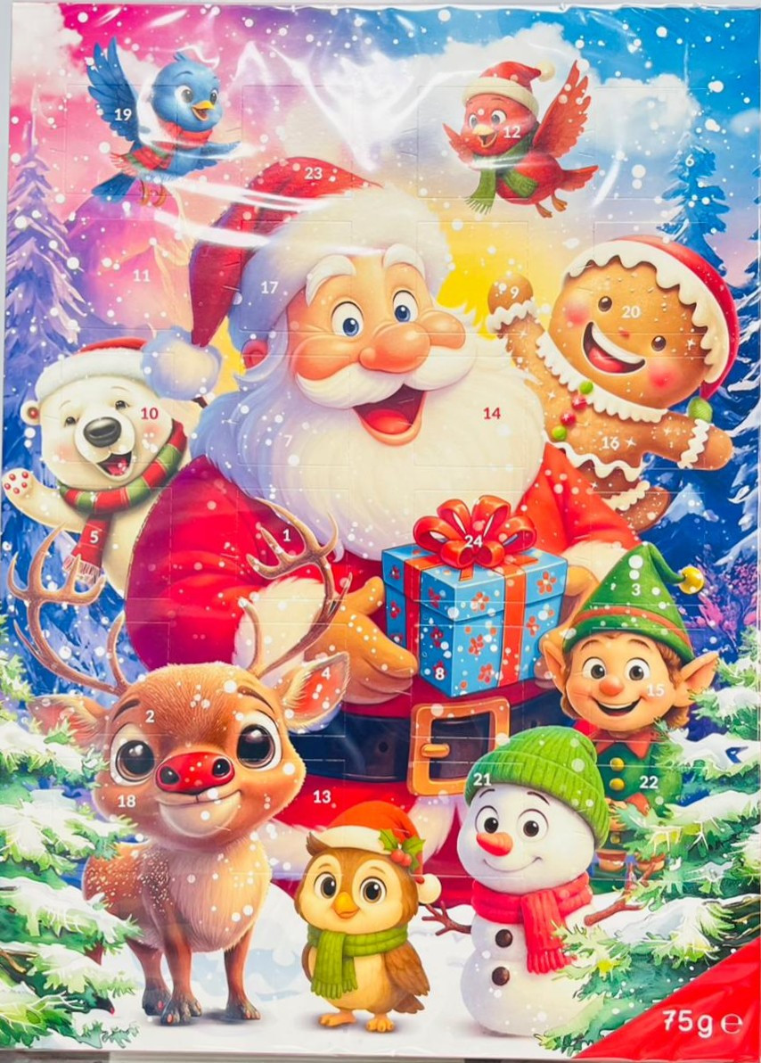 Рождественский календарь с шоколадом Merry Christmas  75 гр (санта с подарком в руках)