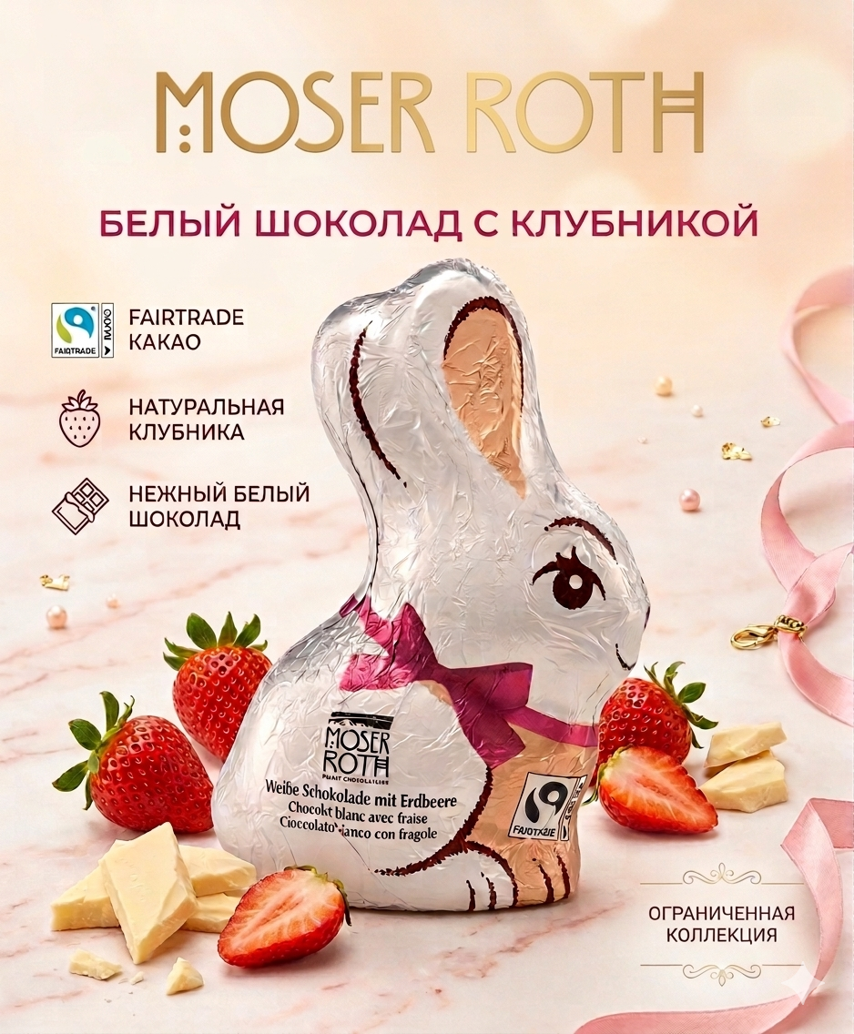 Шоколадные зайчики  Moser Roth White Chocolate with Strawberry 125 гр