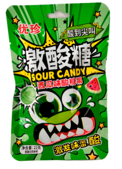 Кислые леденцы Ujane sour candies watermelon flavor со вкусом арбуза 22 г (20 шт в упак)