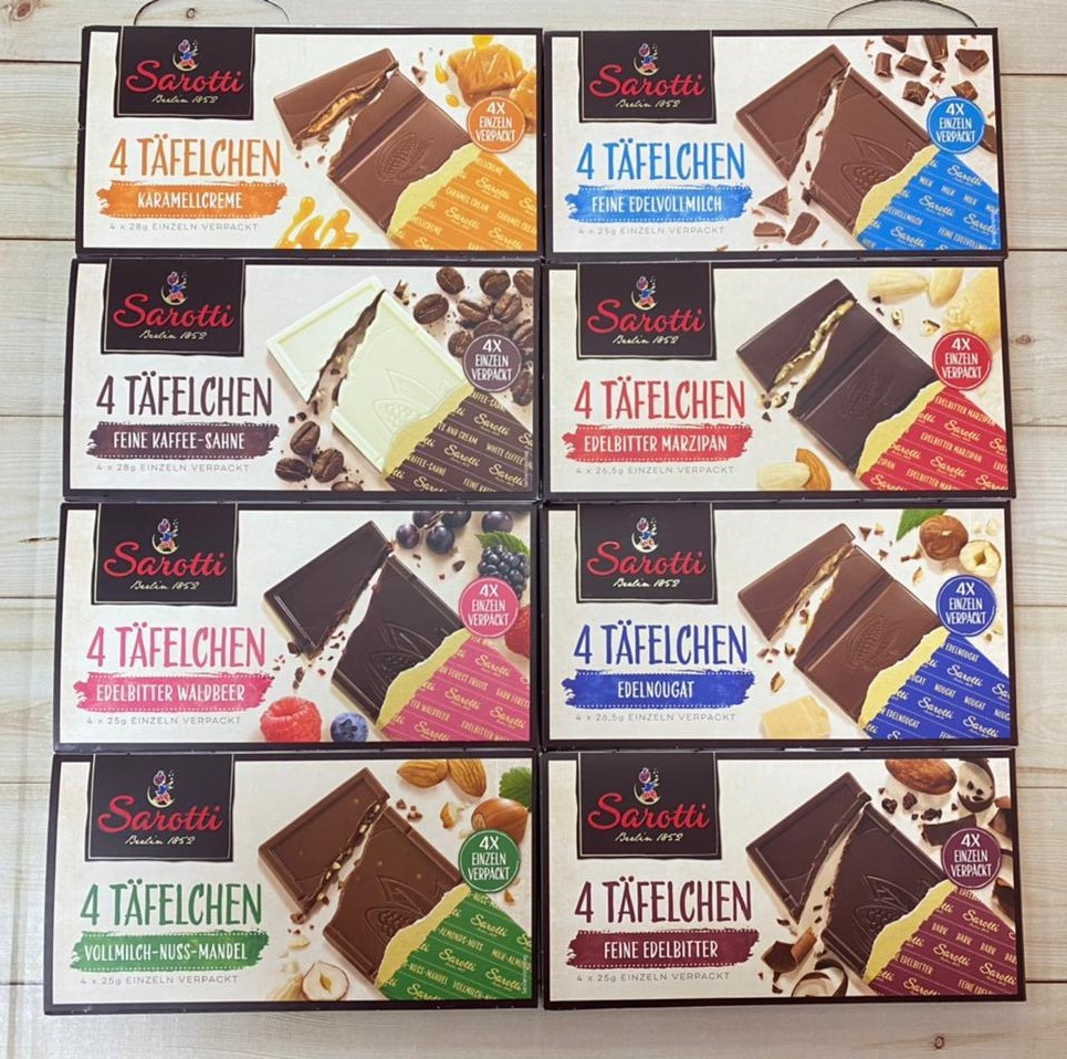 Плитка Шоколад Sarotti 4шт Tafelchen Karamellcreme 112гр. Разные вкусы (клубника, ягода, лайм, кофе)