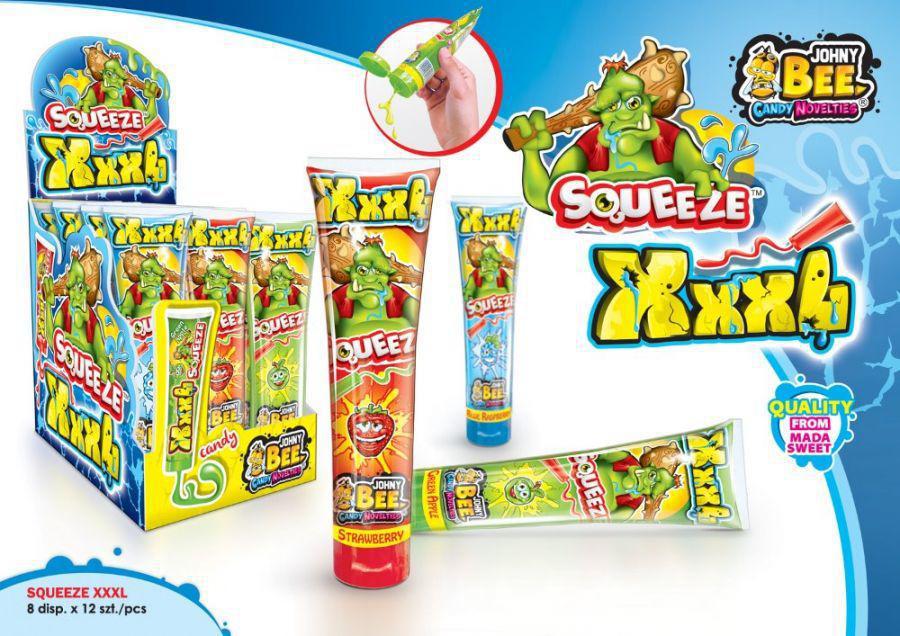 Johny Bee XXXL Squeeze 120gr. Конфета-гель, в тюбике, 3 вкуса. Жидкий леденец в тюбике